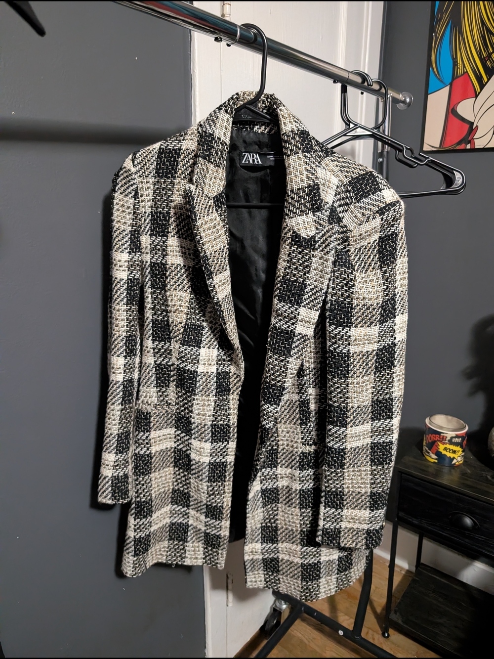 Zara Black and White Plaid Tweed Blazer